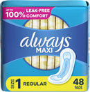 Maxi Feminine Pads for Women, Size 1 Regular Absorbency, without Wings, Unscented, 48 Count