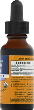 Certified Organic Lemon Balm Liquid Extract for Calming Nervous System Support, Organic Cane Alcohol, 1 Ounce